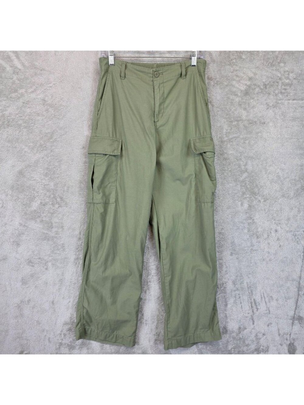 Uniqlo Cargo Pants Womens S Green Twill Elastic Waist Pockets Relaxed Casual